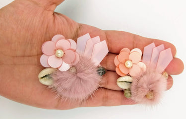Hand Embroidered Pink Applique With Cowrie Shell, Sequins,Pearl and Feather Pom Pom